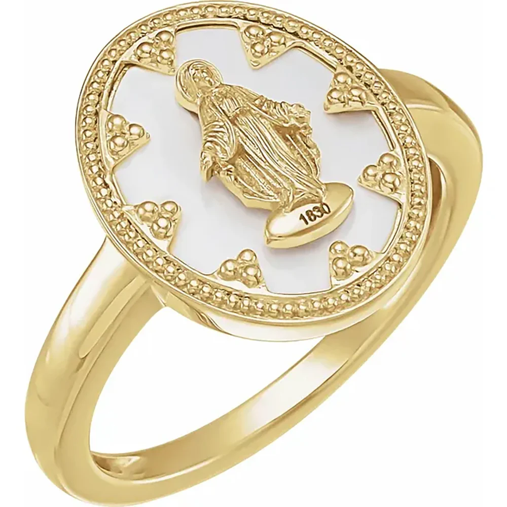 14 K Gold Miraculous Medal Ring in Size 7 - White or Black - Image 3