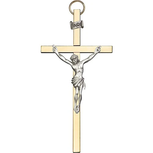 4 inch Antique Silver Crucifix on a Polished Brass Cross
