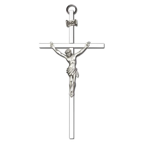 6 inch Antique Silver Crucifix on a Polished Silver Finish Cross - Image 2