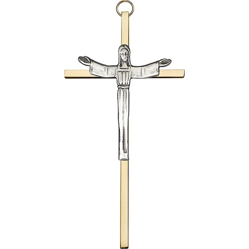 6 inch Antique Silver Risen Christ on a Polished Brass Cross