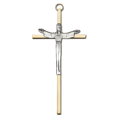 6 inch Antique Silver Risen Christ on a Polished Brass Cross - Image 2
