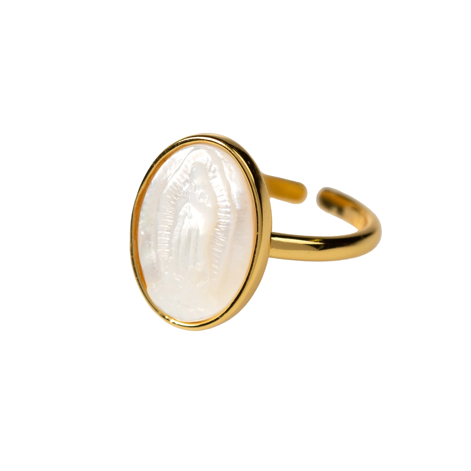 Adjustable Gold Over Silver Mother of Pearl Guadalupe Ring - Image 2