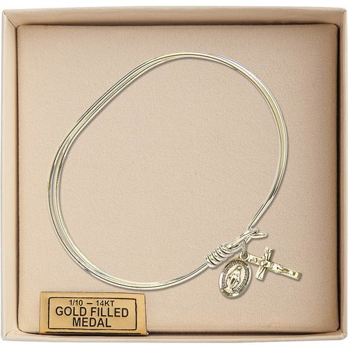 Adult 7" Oval Gold Plated Bangle Bracelet with Miraculous/Crucifix Charm