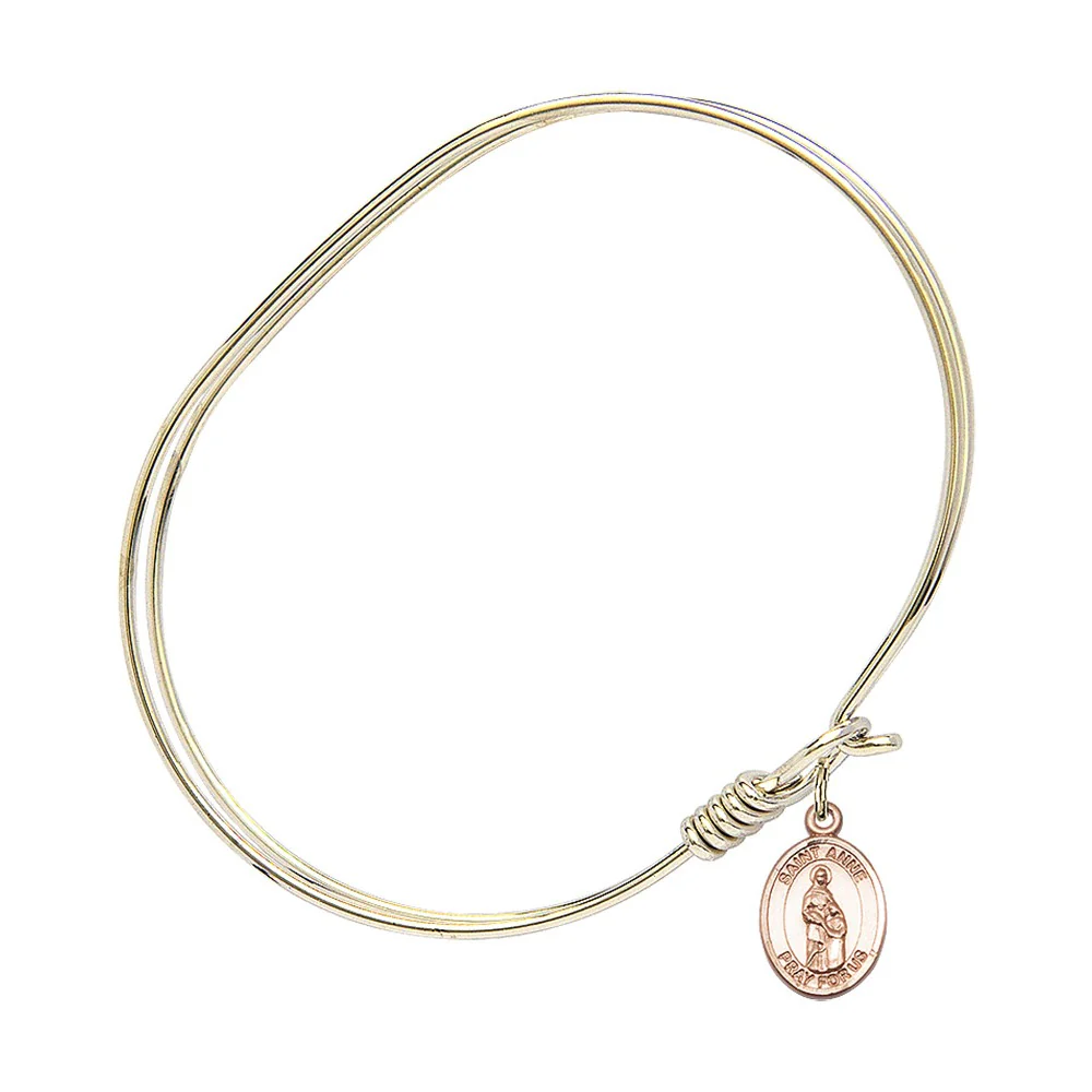 Adult 7" Oval Gold Plated Bangle Bracelet with St. Anne Medal Charm - Image 2