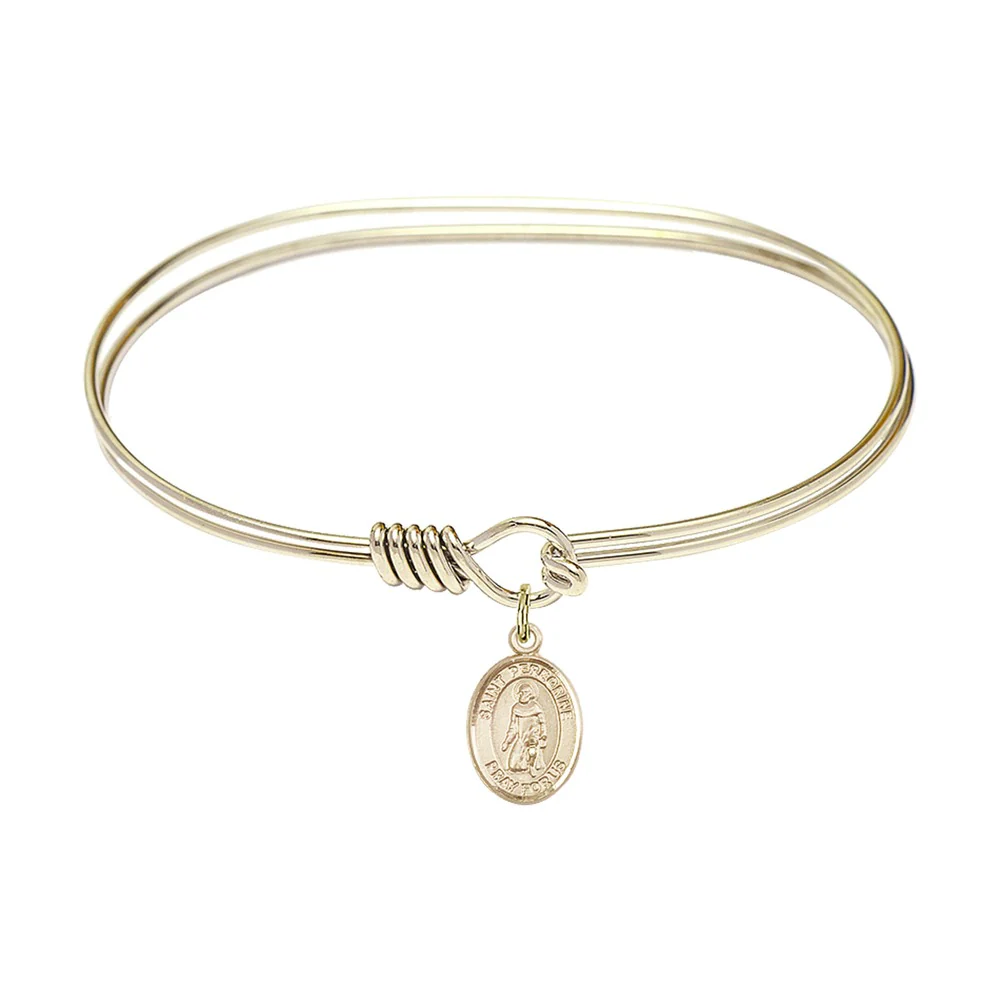 Adult 7" Oval Gold Plated Bangle Bracelet with St. Peregrine Laziosi Medal Charm