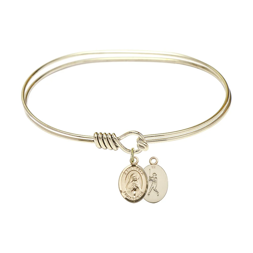 Adult 7" Oval Gold Plated Bangle Bracelet with St. Rita / Baseball Medal Charm