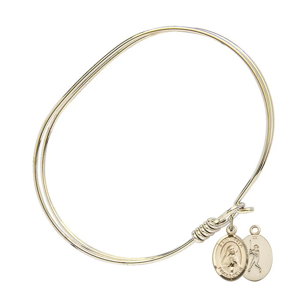 Adult 7" Oval Gold Plated Bangle Bracelet with St. Rita / Baseball Medal Charm - Image 2
