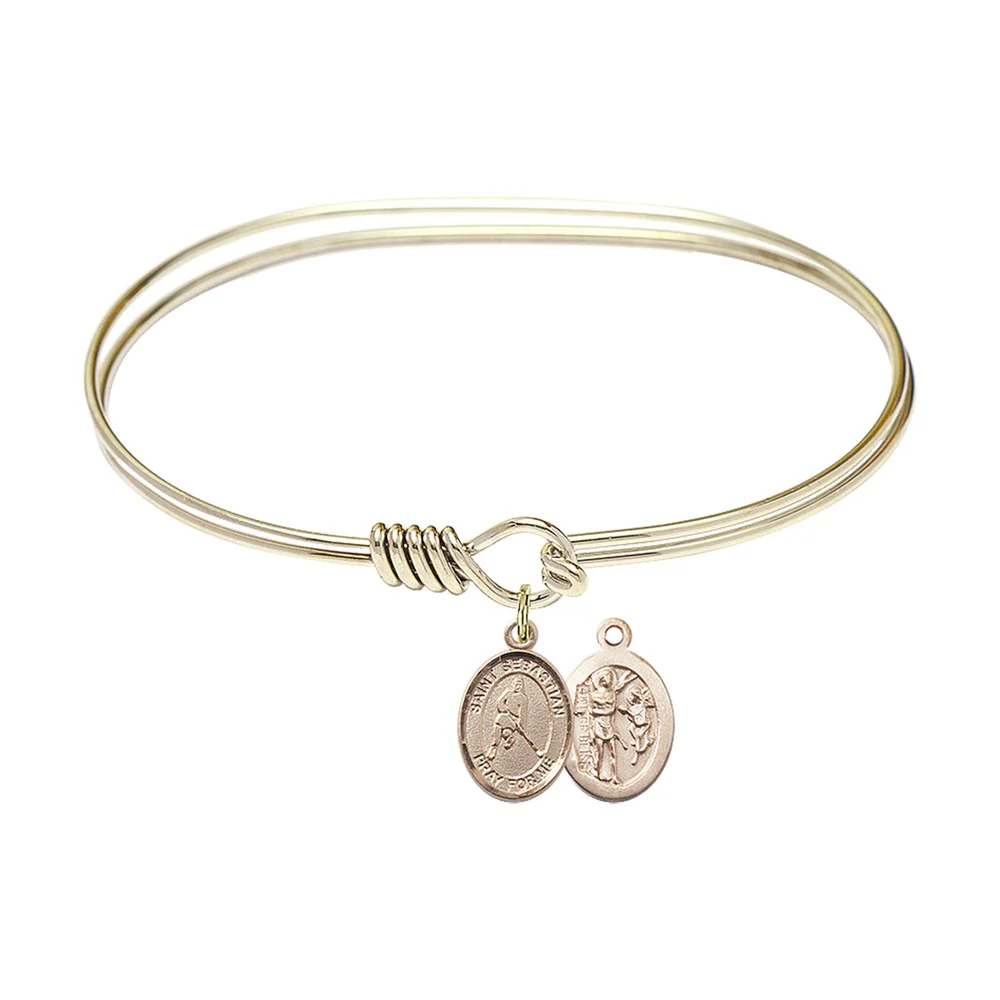Adult 7" Oval Gold Plated Bangle Bracelet with St. Sebastian/Ice Hockey Medal Charm