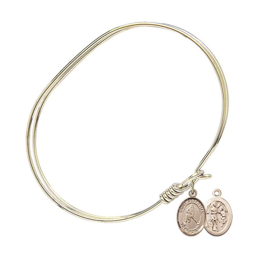 Adult 7" Oval Gold Plated Bangle Bracelet with St. Sebastian/Ice Hockey Medal Charm - Image 2