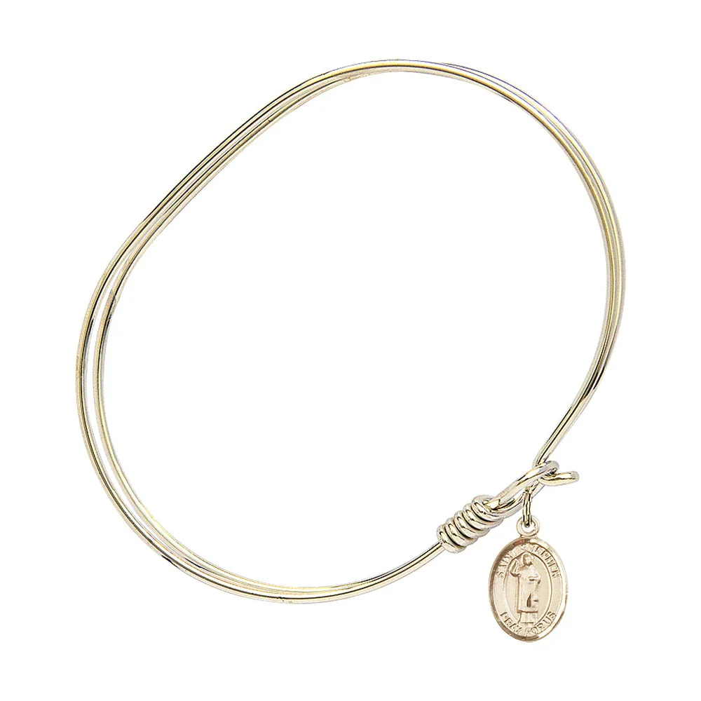 Adult 7" Oval Gold Plated Bangle Bracelet with St. Stephen the Martyr Medal Charm