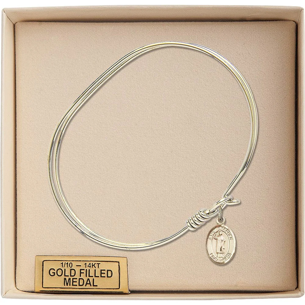 Adult 7" Oval Gold Plated Bangle Bracelet with St. Stephen the Martyr Medal Charm - Image 3