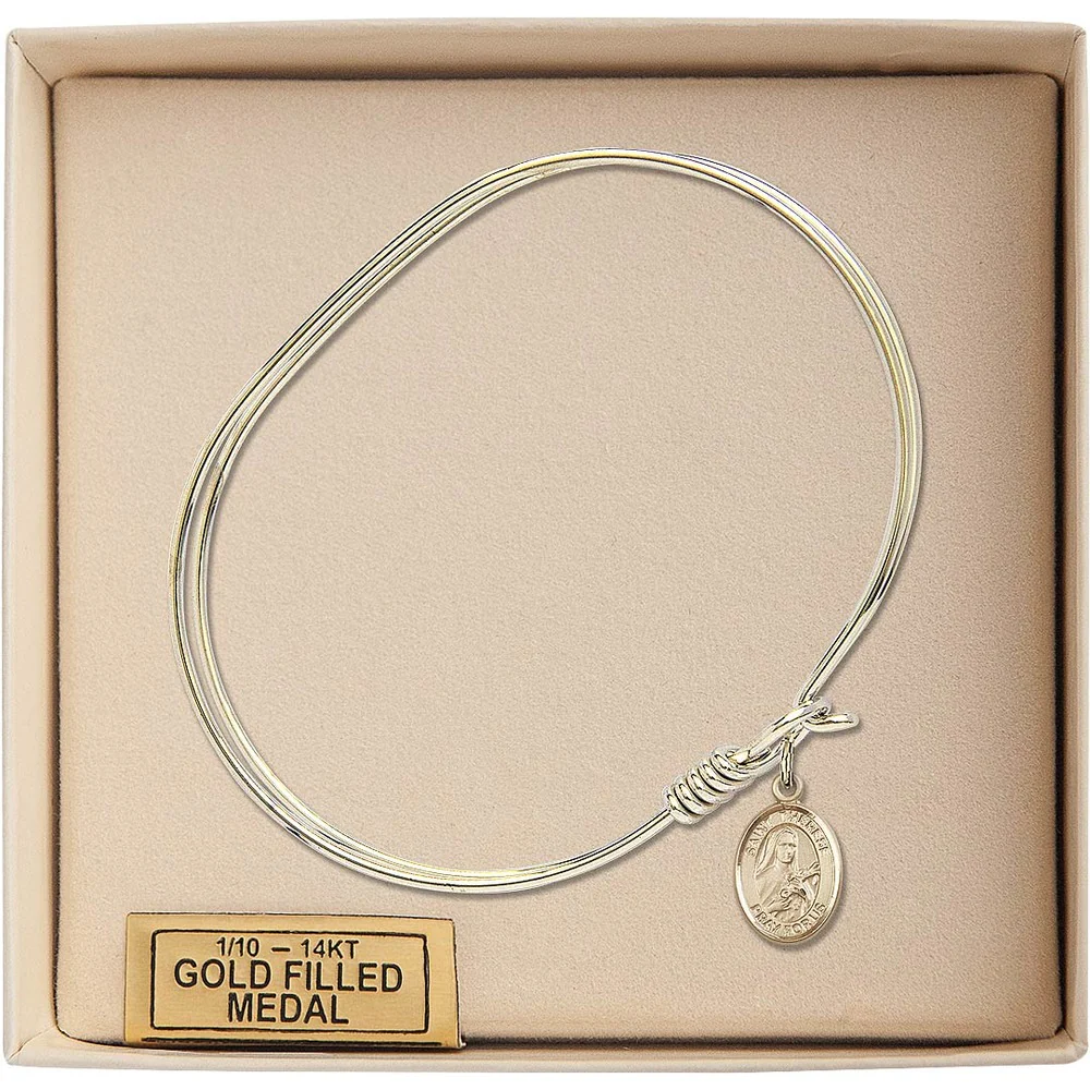 Adult 7" Oval Gold Plated Bangle Bracelet with St. Therese of Lisieux Medal Charm - Image 3