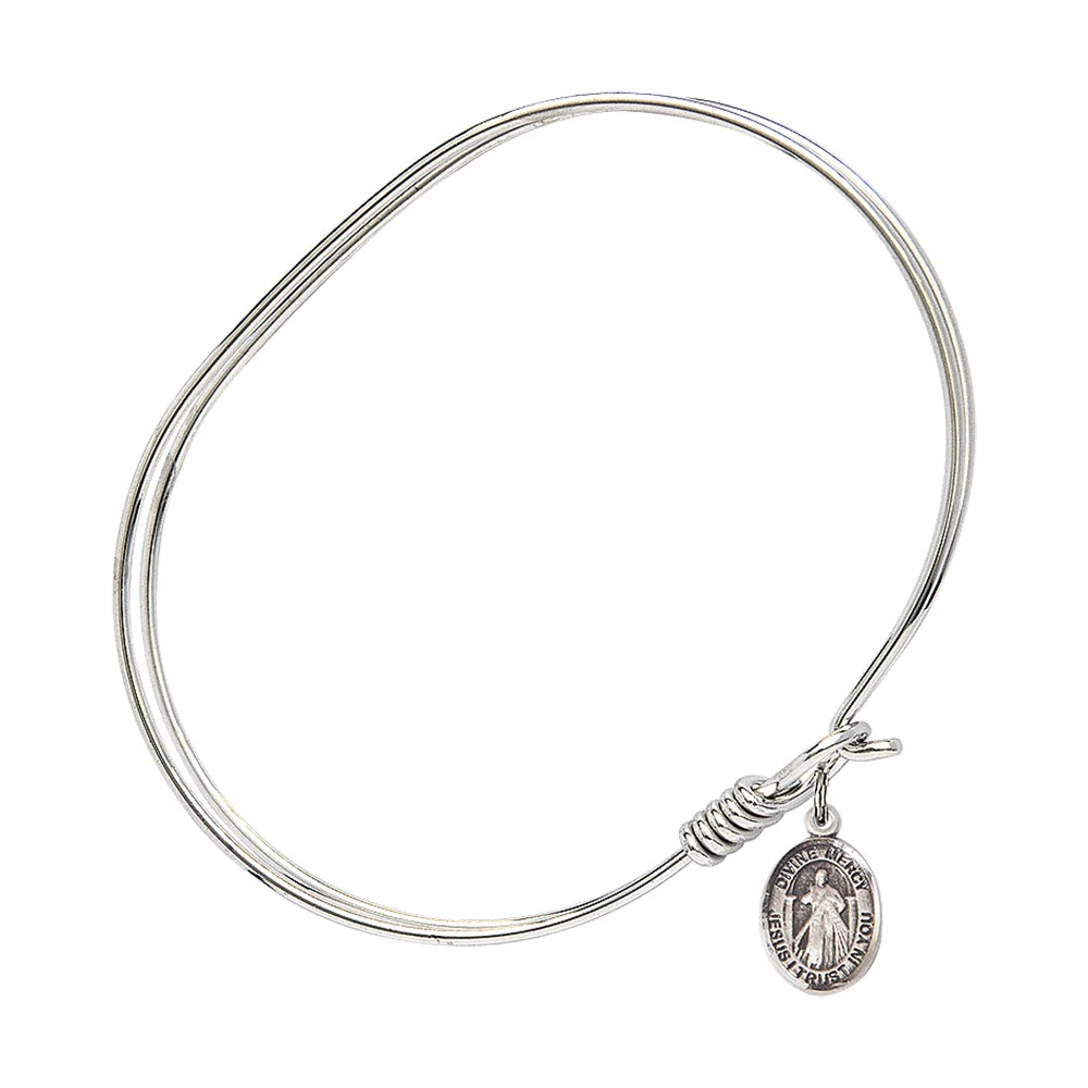 Adult 7" Oval Rhodium Plated Bangle Bracelet with Divine Mercy Charm - Image 2