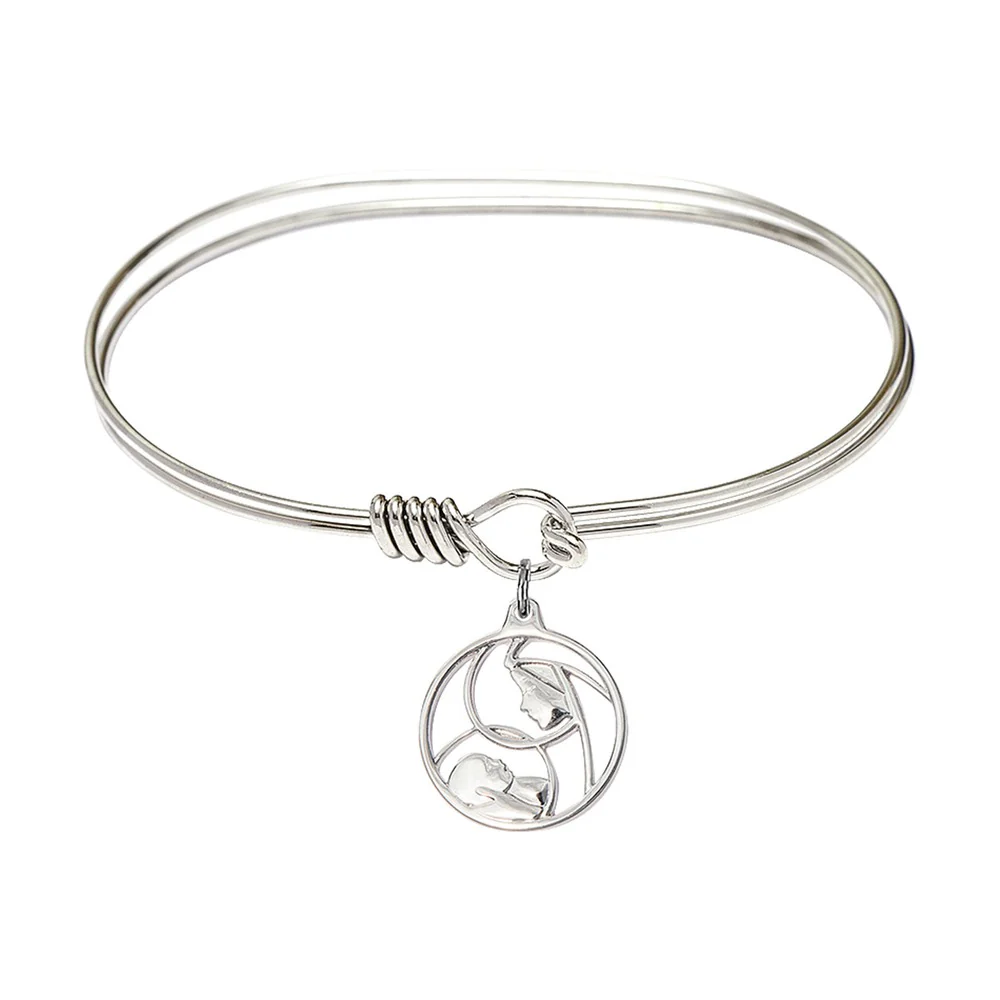 Adult 7" Oval Rhodium Plated Bangle Bracelet with Madonna and Child Charm