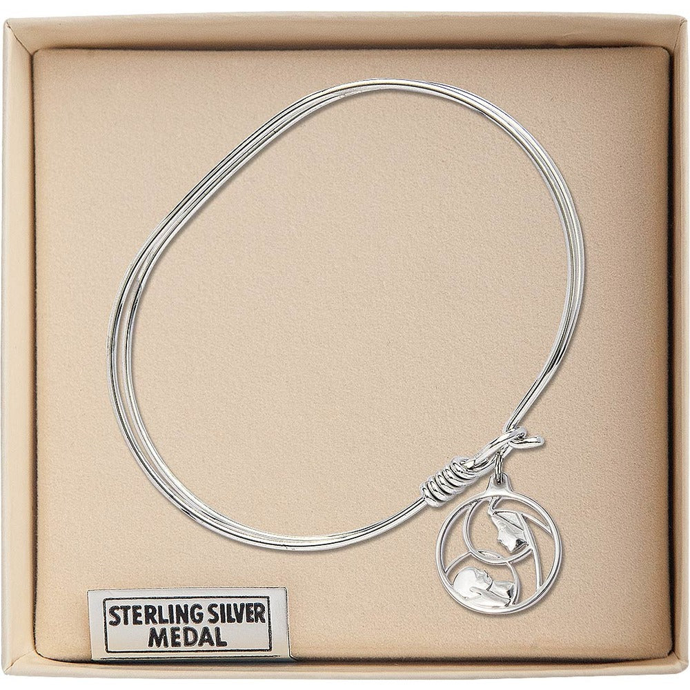 Adult 7" Oval Rhodium Plated Bangle Bracelet with Madonna and Child Charm - Image 3