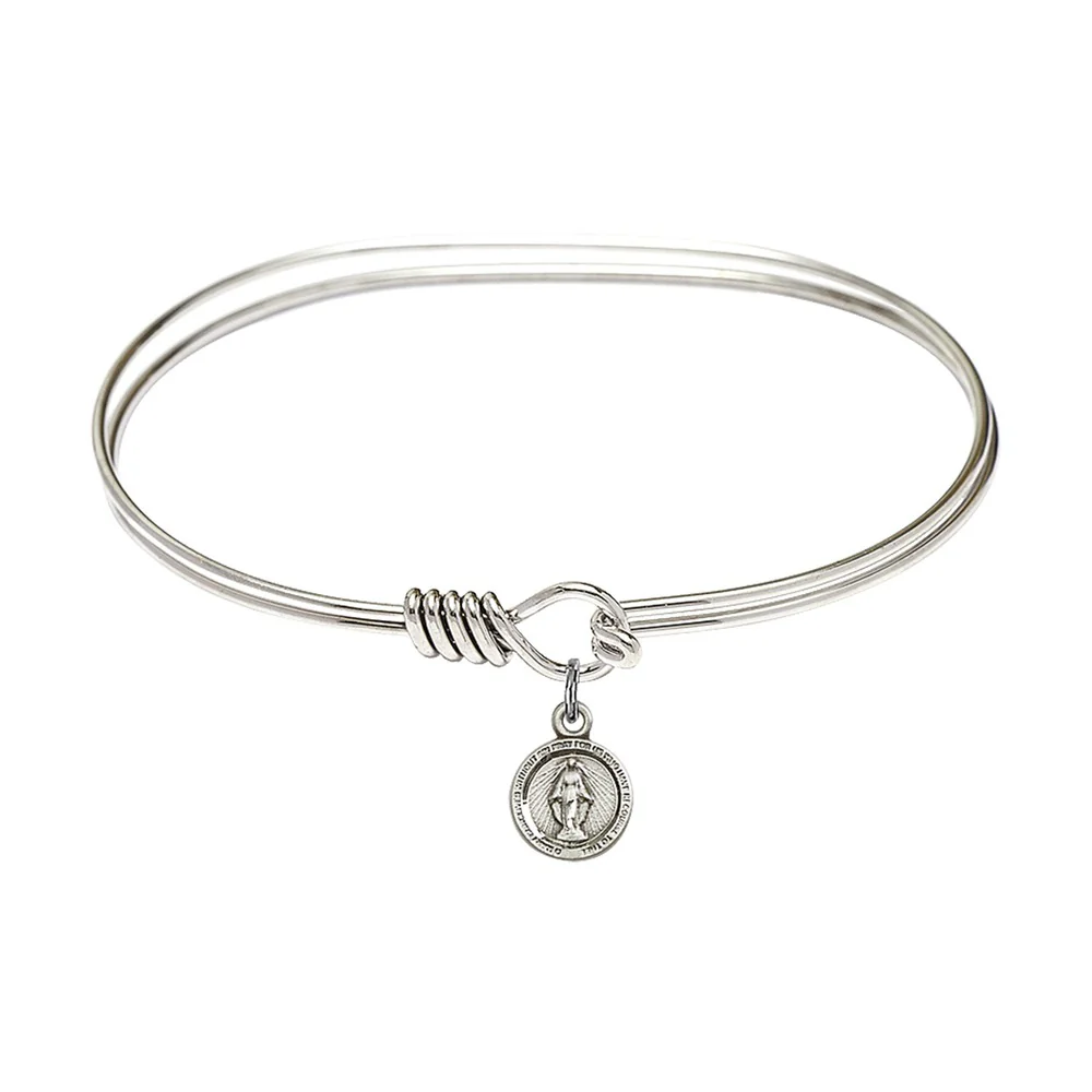 Adult 7" Oval Rhodium Plated Bangle Bracelet with Miraculous Charm - 2555657