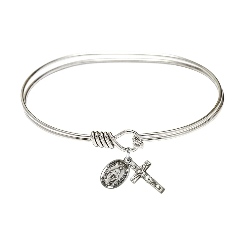 Adult 7" Oval Rhodium Plated Bangle Bracelet with Miraculous/Crucifix Charm