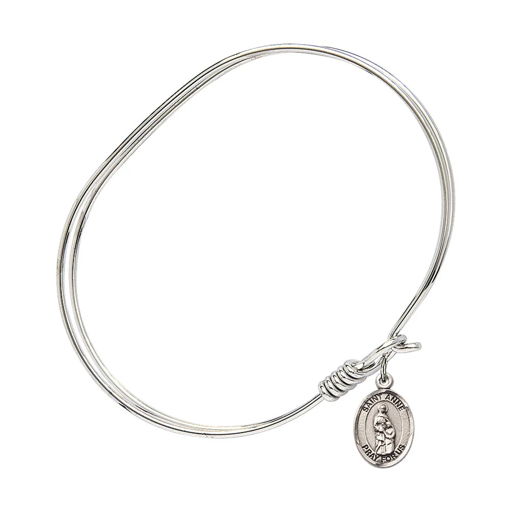 Adult 7" Oval Rhodium Plated Bangle Bracelet with St. Anne Medal Charm - Image 2