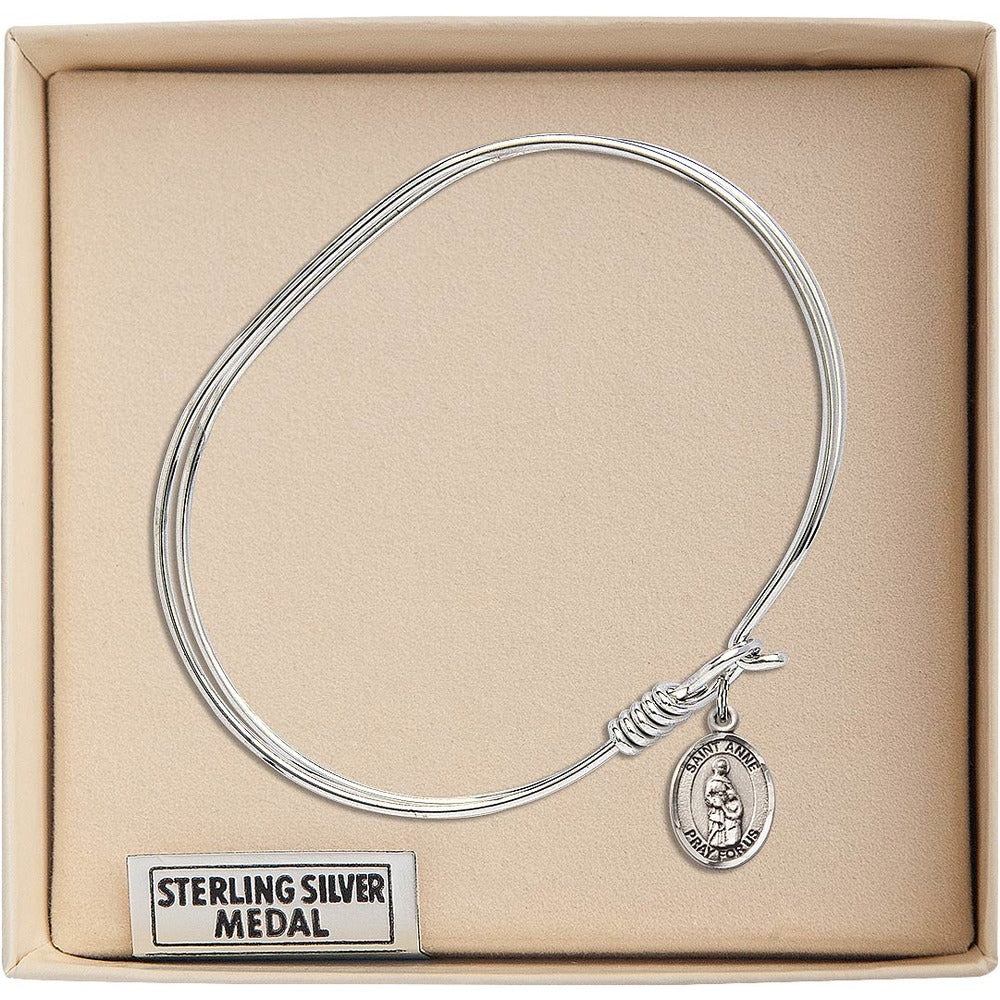 Adult 7" Oval Rhodium Plated Bangle Bracelet with St. Anne Medal Charm - Image 3