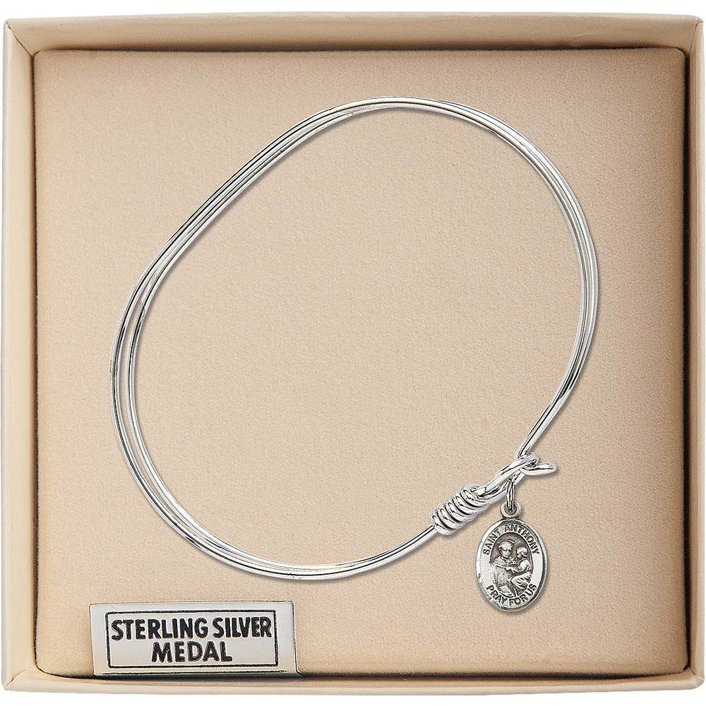 Adult 7" Oval Rhodium Plated Bangle Bracelet with St. Anthony of Padua Medal Charm - Image 3