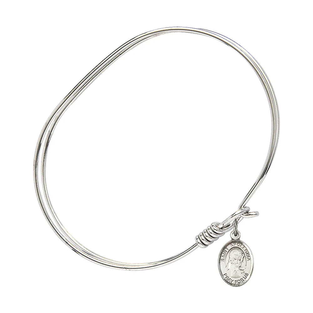 Adult 7" Oval Rhodium Plated Bangle Bracelet with St. Apollonia Medal Charm - Image 2