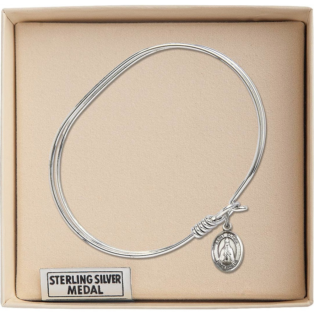 Adult 7" Oval Rhodium Plated Bangle Bracelet with St. Blaise Medal Charm - Image 2