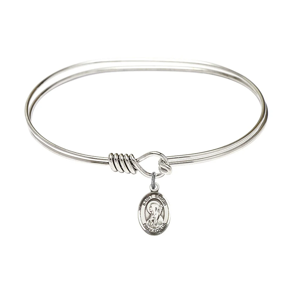 Adult 7" Oval Rhodium Plated Bangle Bracelet with St. Brigid of Ireland Medal Charm