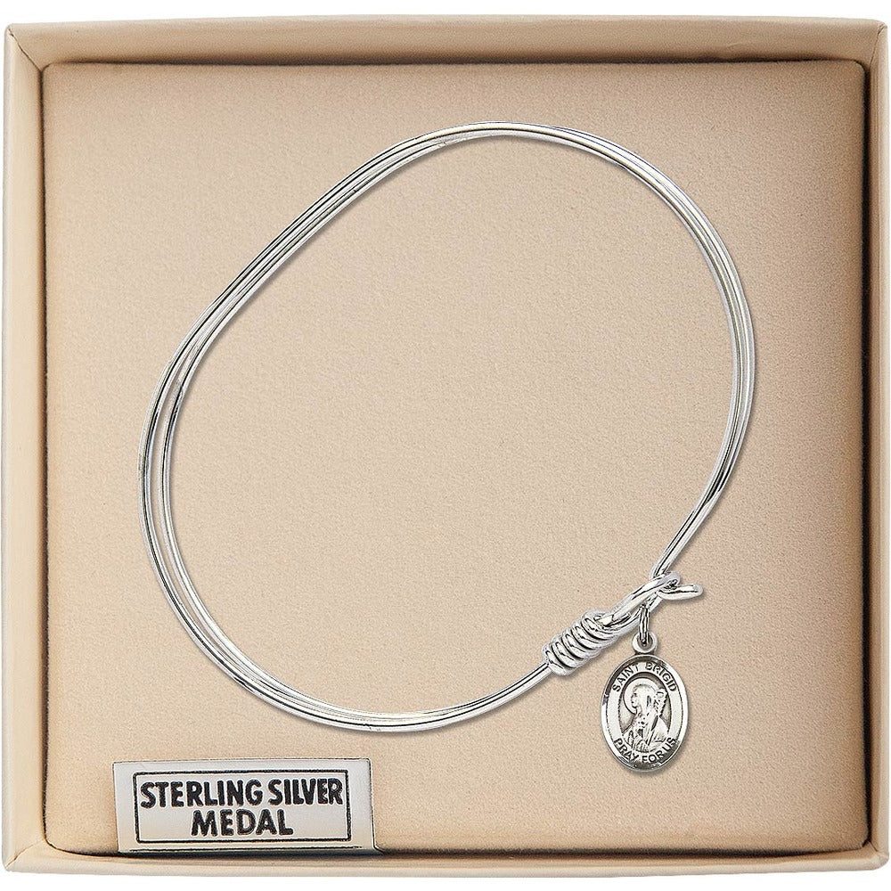 Adult 7" Oval Rhodium Plated Bangle Bracelet with St. Brigid of Ireland Medal Charm - Image 3