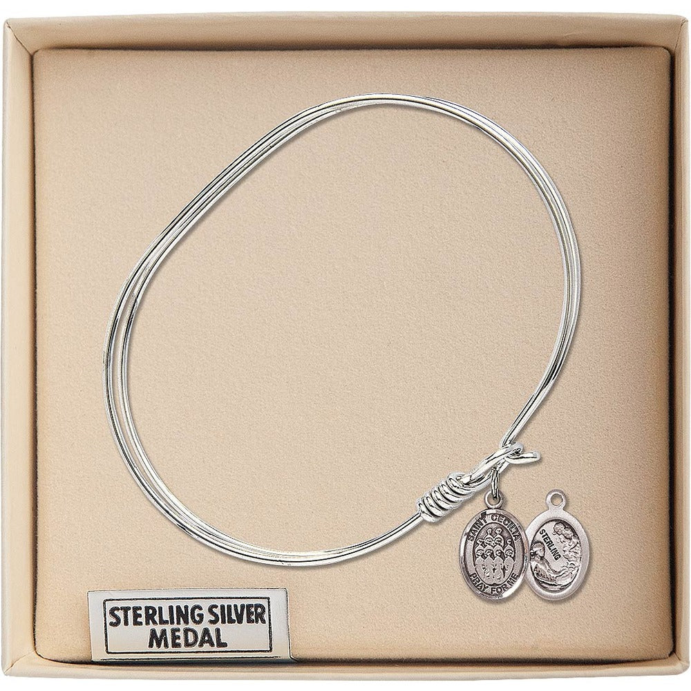 Adult 7" Oval Rhodium Plated Bangle Bracelet with St. Cecilia / Choir Medal Charm - Image 3