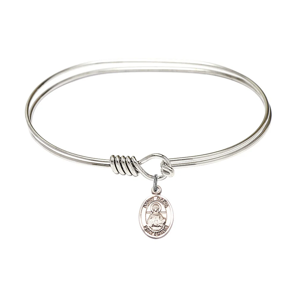Adult 7" Oval Rhodium Plated Bangle Bracelet with St. Daria Medal Charm