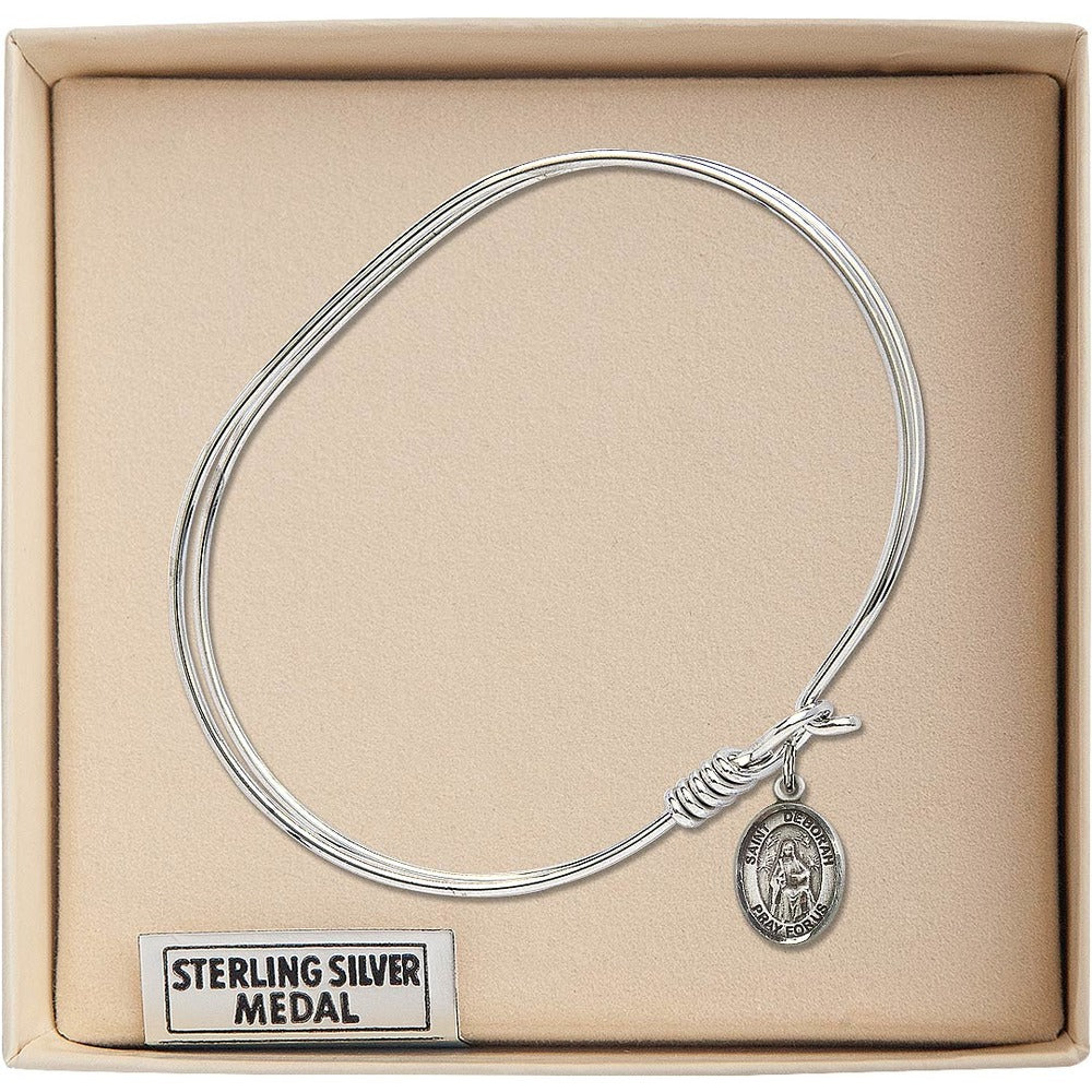 Adult 7" Oval Rhodium Plated Bangle Bracelet with St. Deborah Medal Charm - Image 2