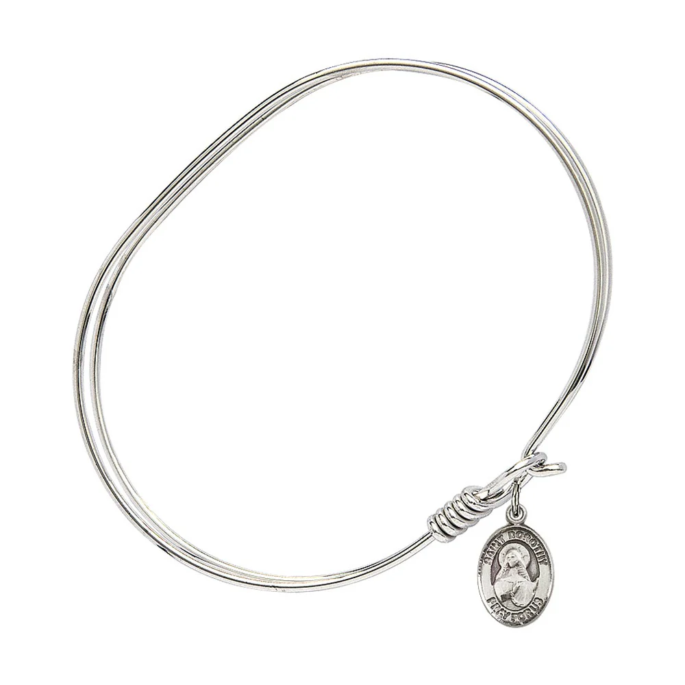 Adult 7" Oval Rhodium Plated Bangle Bracelet with St. Dorothy Medal Charm
