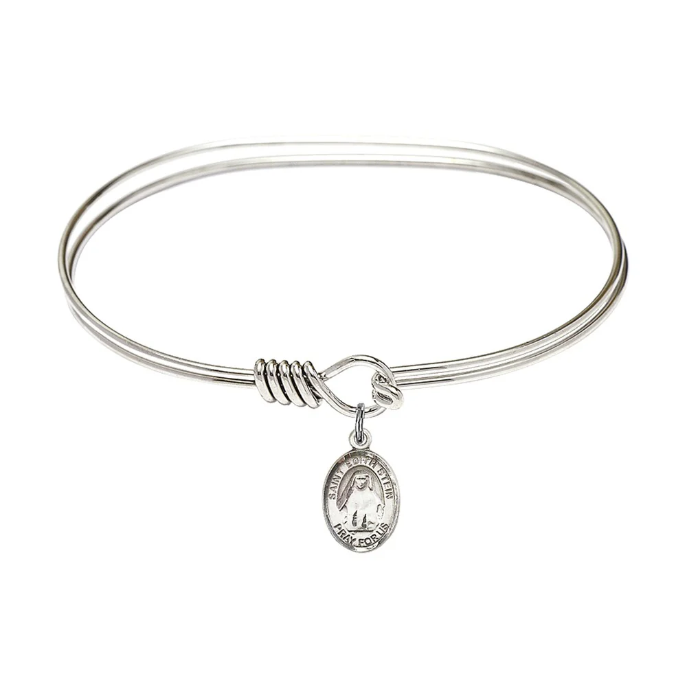 Adult 7" Oval Rhodium Plated Bangle Bracelet with St. Edith Stein Medal Charm