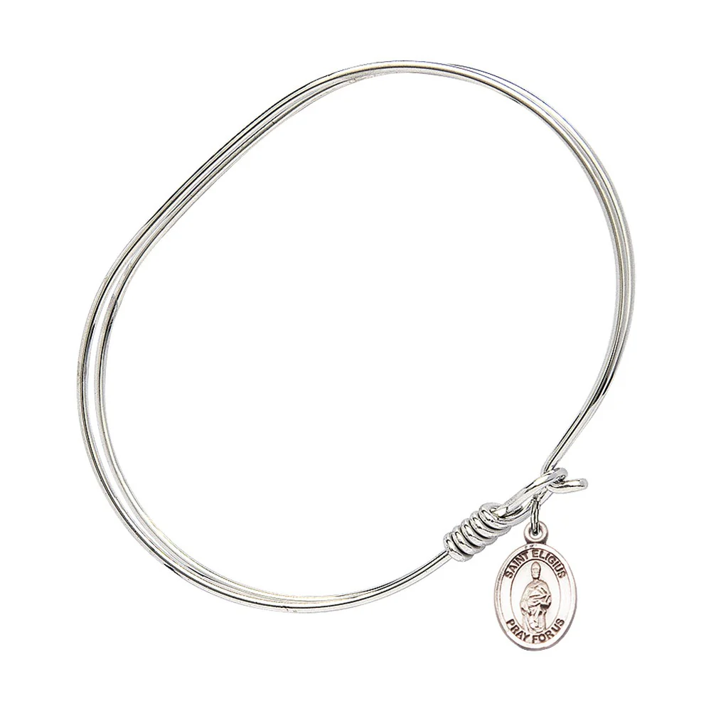 Adult 7" Oval Rhodium Plated Bangle Bracelet with St. Eligius Medal Charm