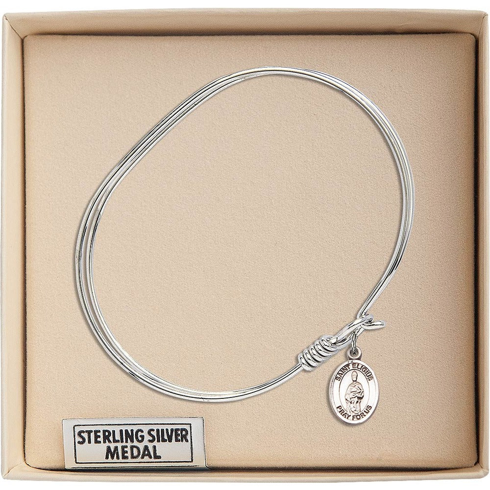 Adult 7" Oval Rhodium Plated Bangle Bracelet with St. Eligius Medal Charm - Image 3