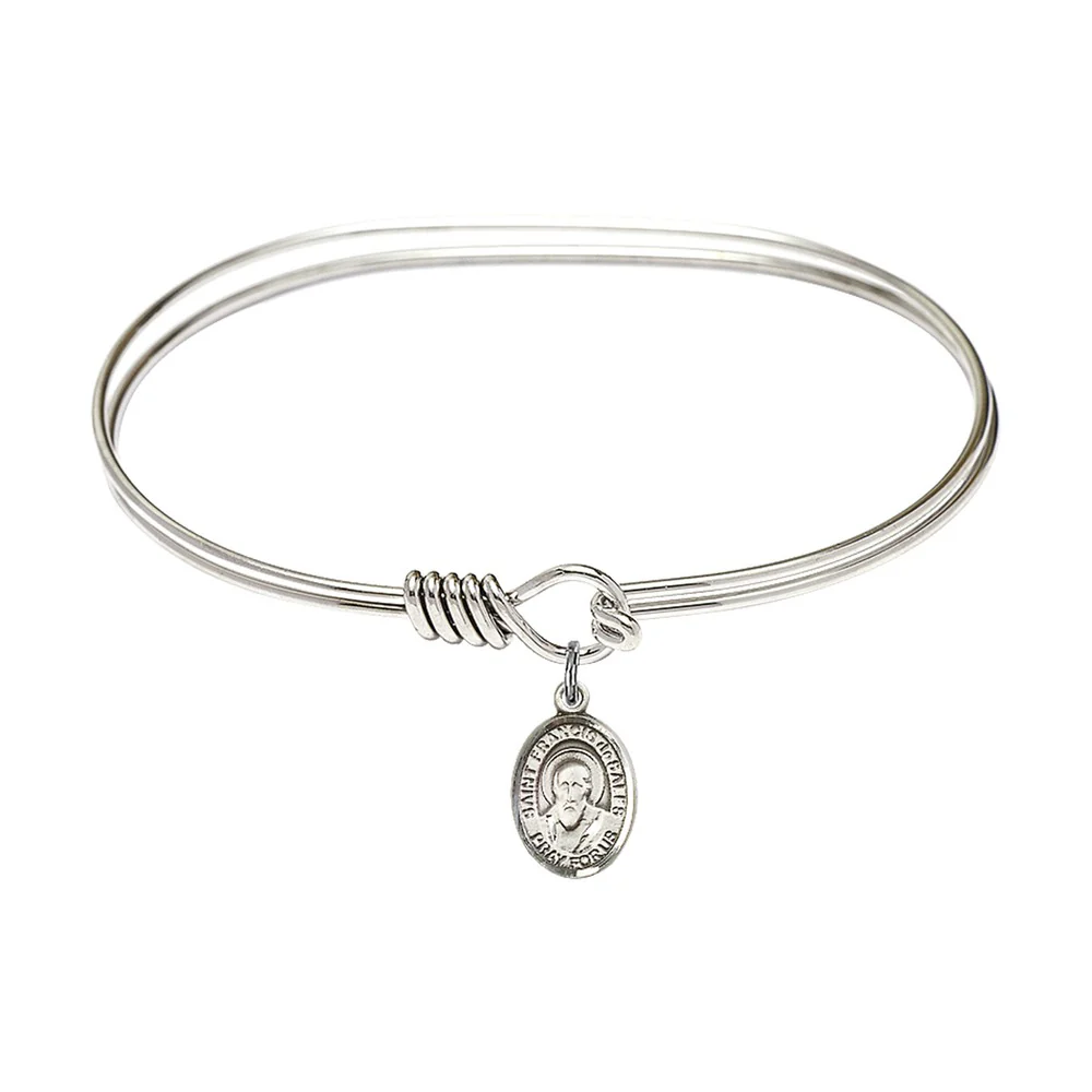 Adult 7" Oval Rhodium Plated Bangle Bracelet with St. Francis de Sales Medal Charm