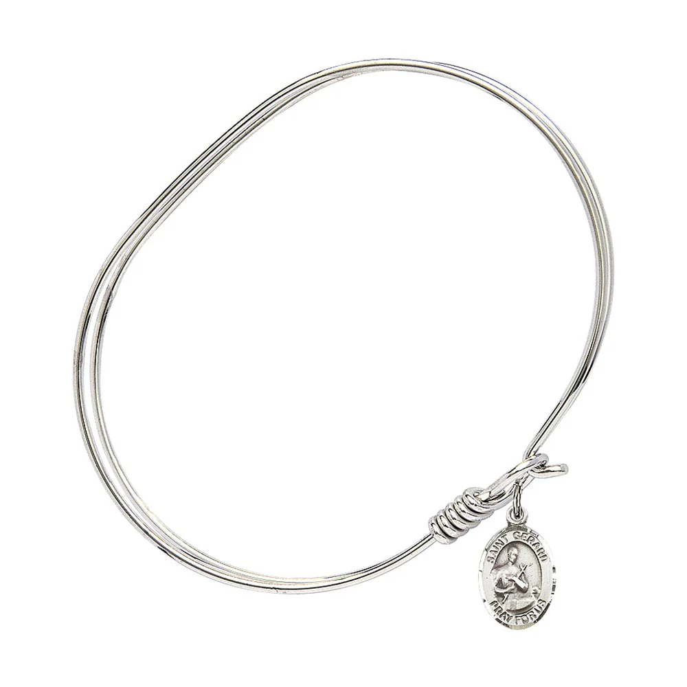 Adult 7" Oval Rhodium Plated Bangle Bracelet with St. Gerard Majella Medal Charm - Image 2