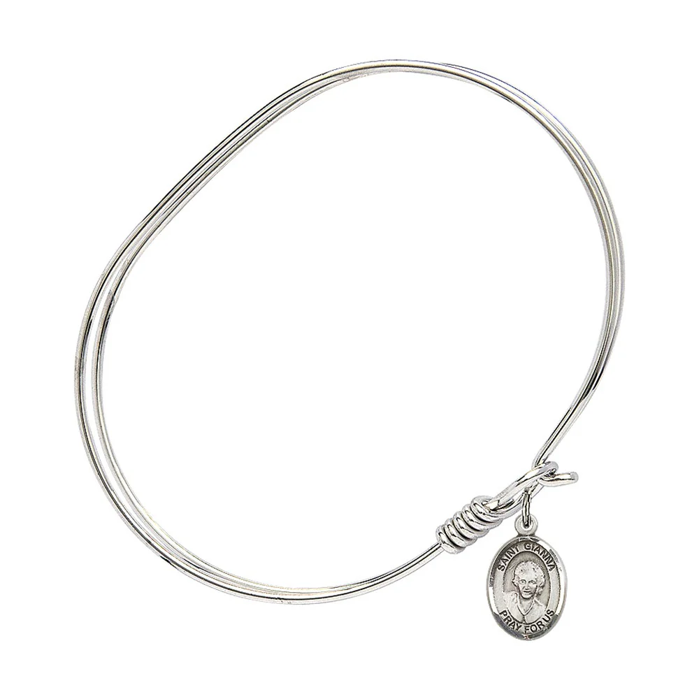 Adult 7" Oval Rhodium Plated Bangle Bracelet with St. Gianna Beretta Molla Medal Charm - Image 2