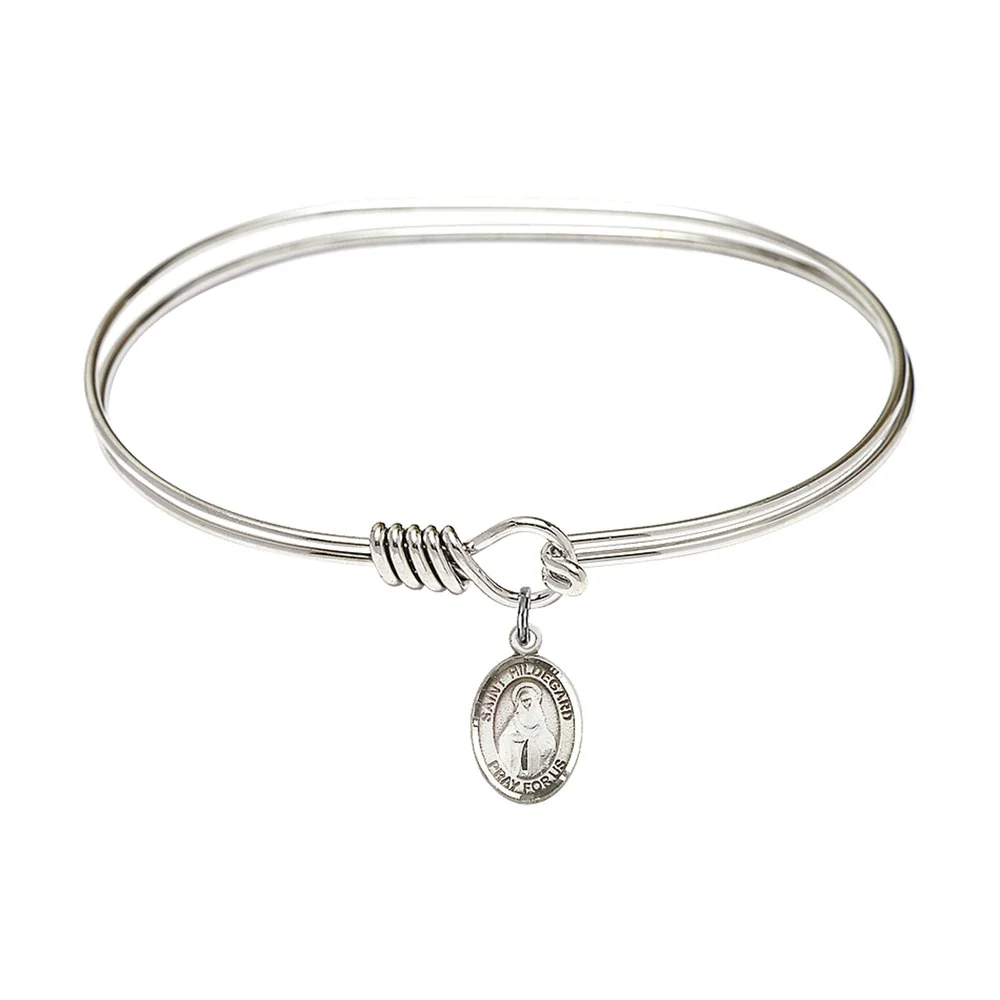 Adult 7" Oval Rhodium Plated Bangle Bracelet with St. Hildegard von Bingen Medal Charm - Image 2