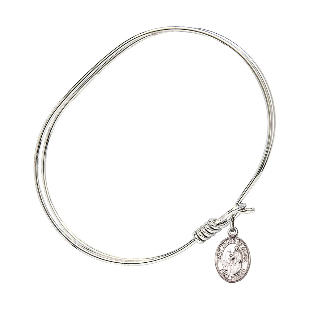 Adult 7" Oval Rhodium Plated Bangle Bracelet with St. Jacob of Nisibis Medal Charm - Image 2