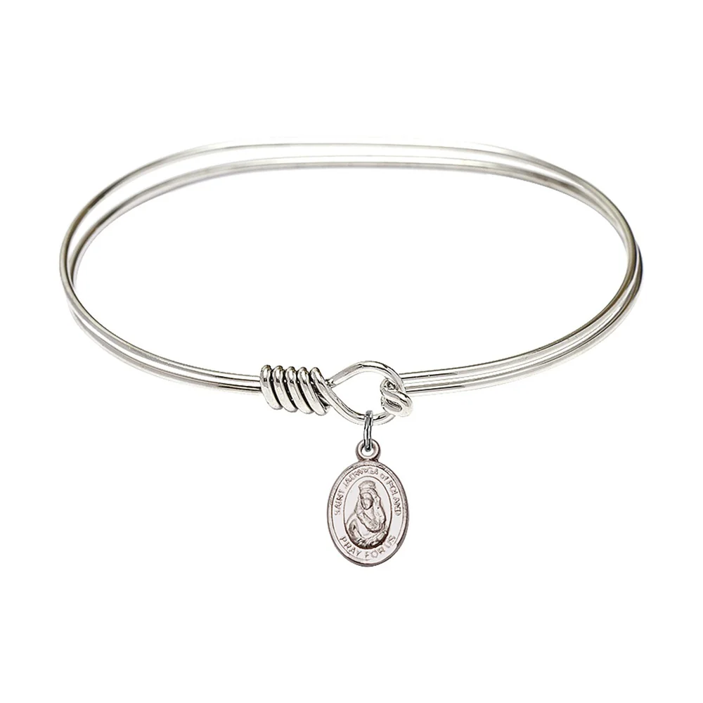 Adult 7" Oval Rhodium Plated Bangle Bracelet with St. Jadwiga of Poland Medal Charm