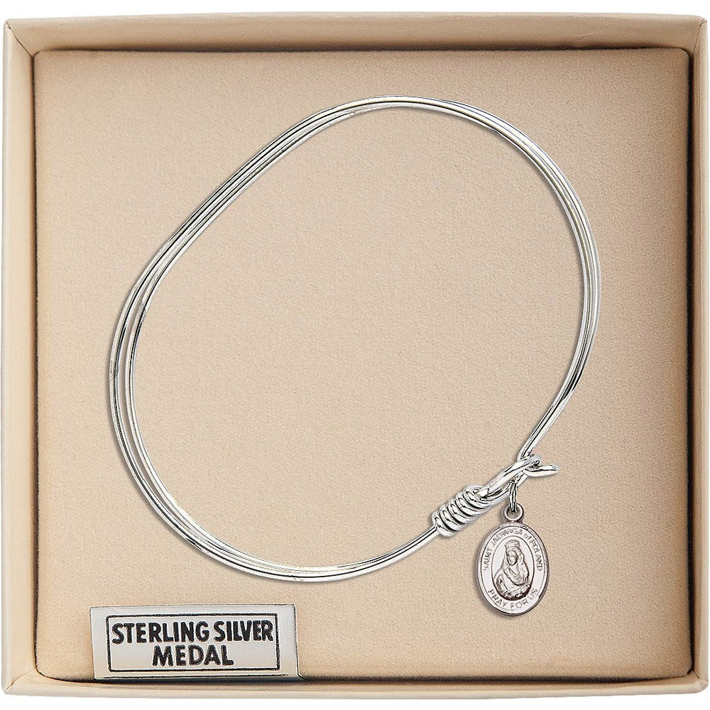 Adult 7" Oval Rhodium Plated Bangle Bracelet with St. Jadwiga of Poland Medal Charm - Image 2