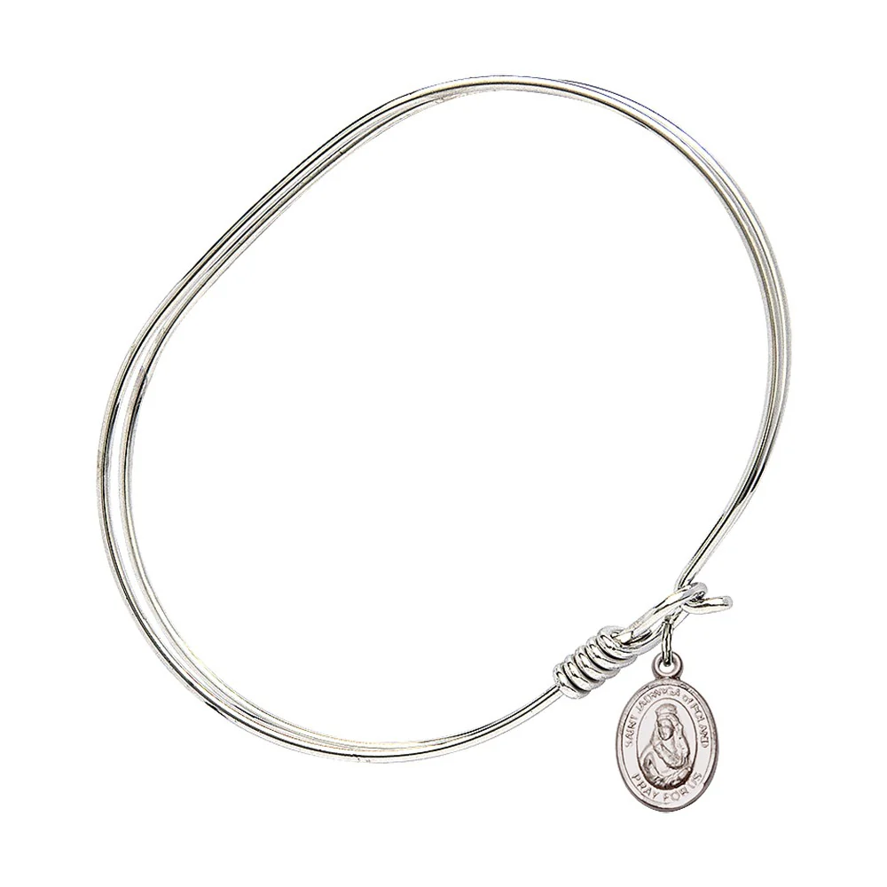 Adult 7" Oval Rhodium Plated Bangle Bracelet with St. Jadwiga of Poland Medal Charm - Image 3