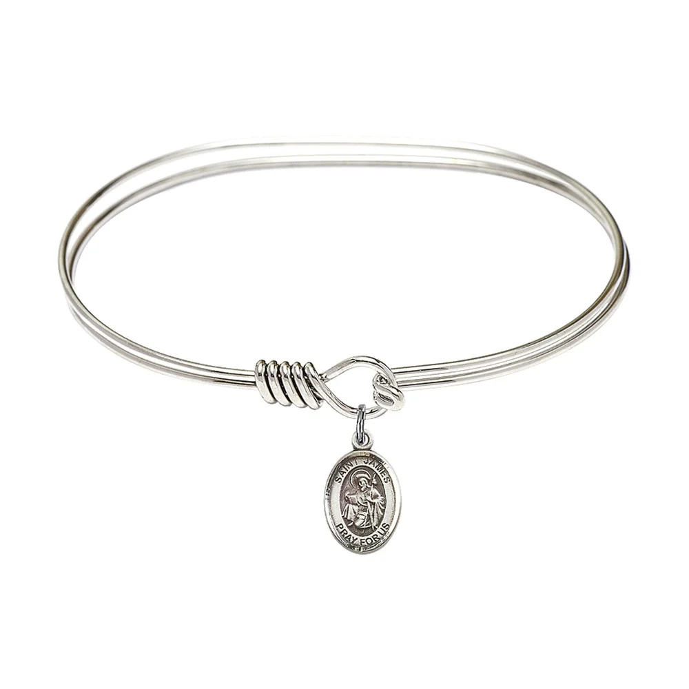 Adult 7" Oval Rhodium Plated Bangle Bracelet with St. James the Greater Medal Charm - Image 2