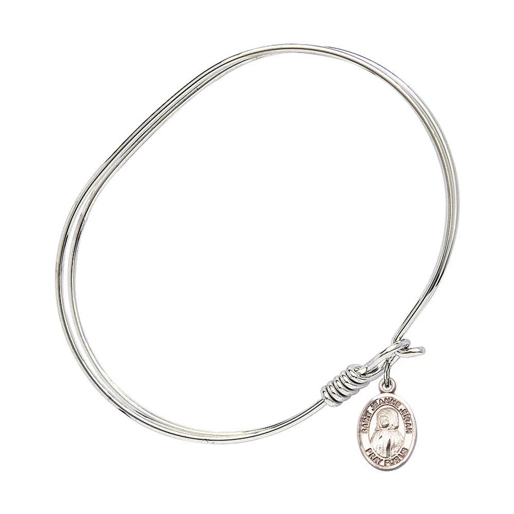 Adult 7" Oval Rhodium Plated Bangle Bracelet with St. Jeanne Jugan Medal Charm - Image 2