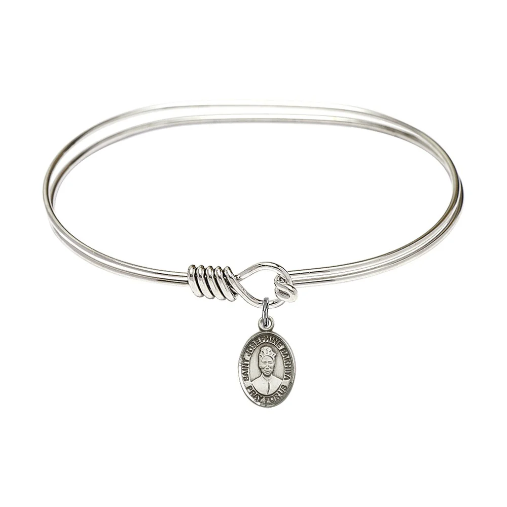 Adult 7" Oval Rhodium Plated Bangle Bracelet with St. Josephine Bakhita Medal Charm