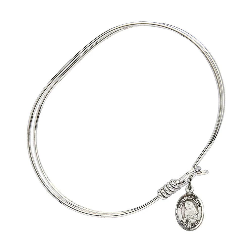 Adult 7" Oval Rhodium Plated Bangle Bracelet with St. Madeline Sophie Barat Medal Charm - Image 2