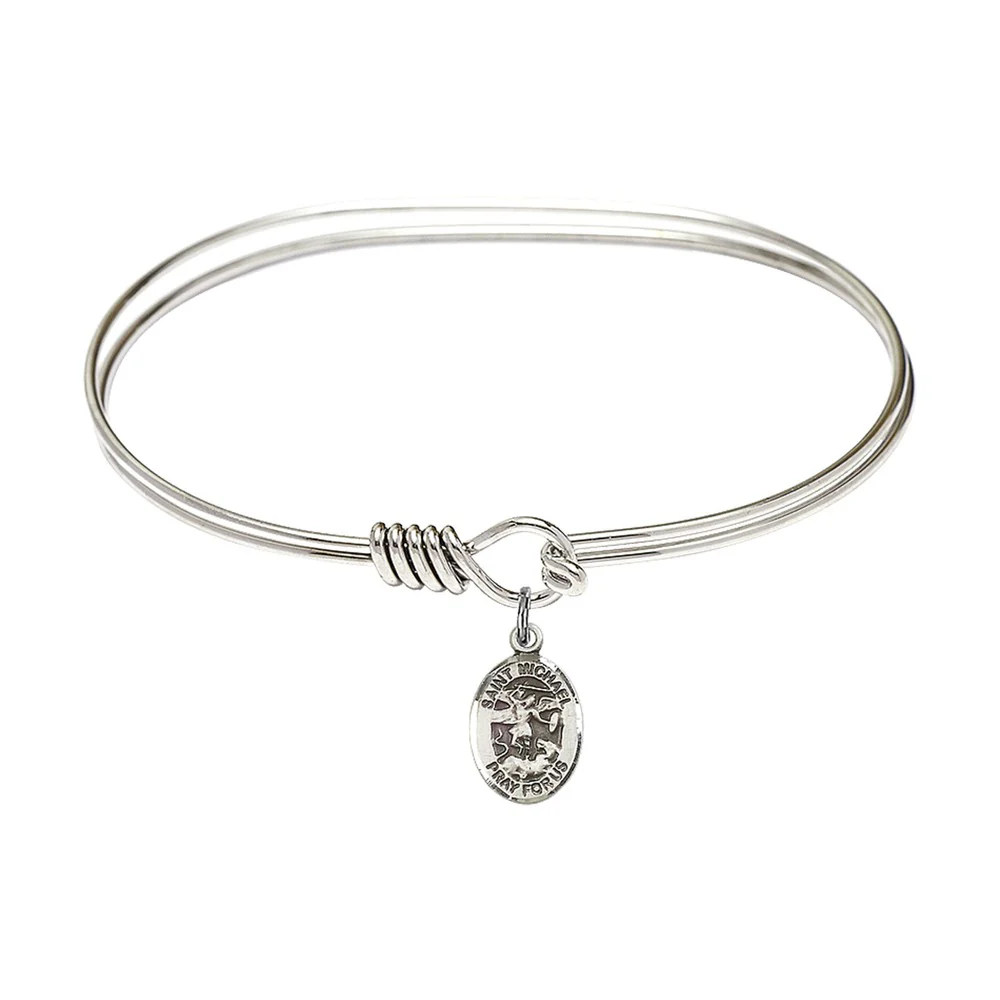 Adult 7" Oval Rhodium Plated Bangle Bracelet with St. Michael the Archangel Medal Charm
