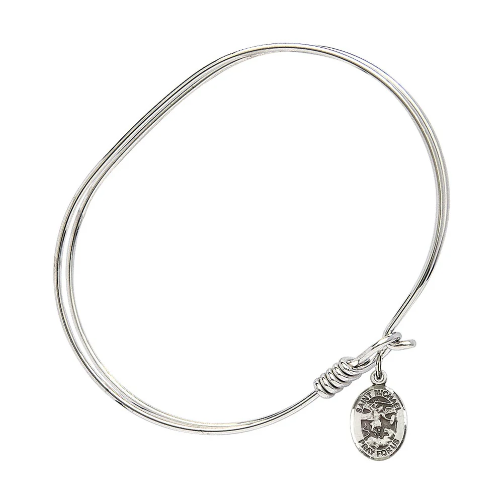 Adult 7" Oval Rhodium Plated Bangle Bracelet with St. Michael the Archangel Medal Charm - Image 2