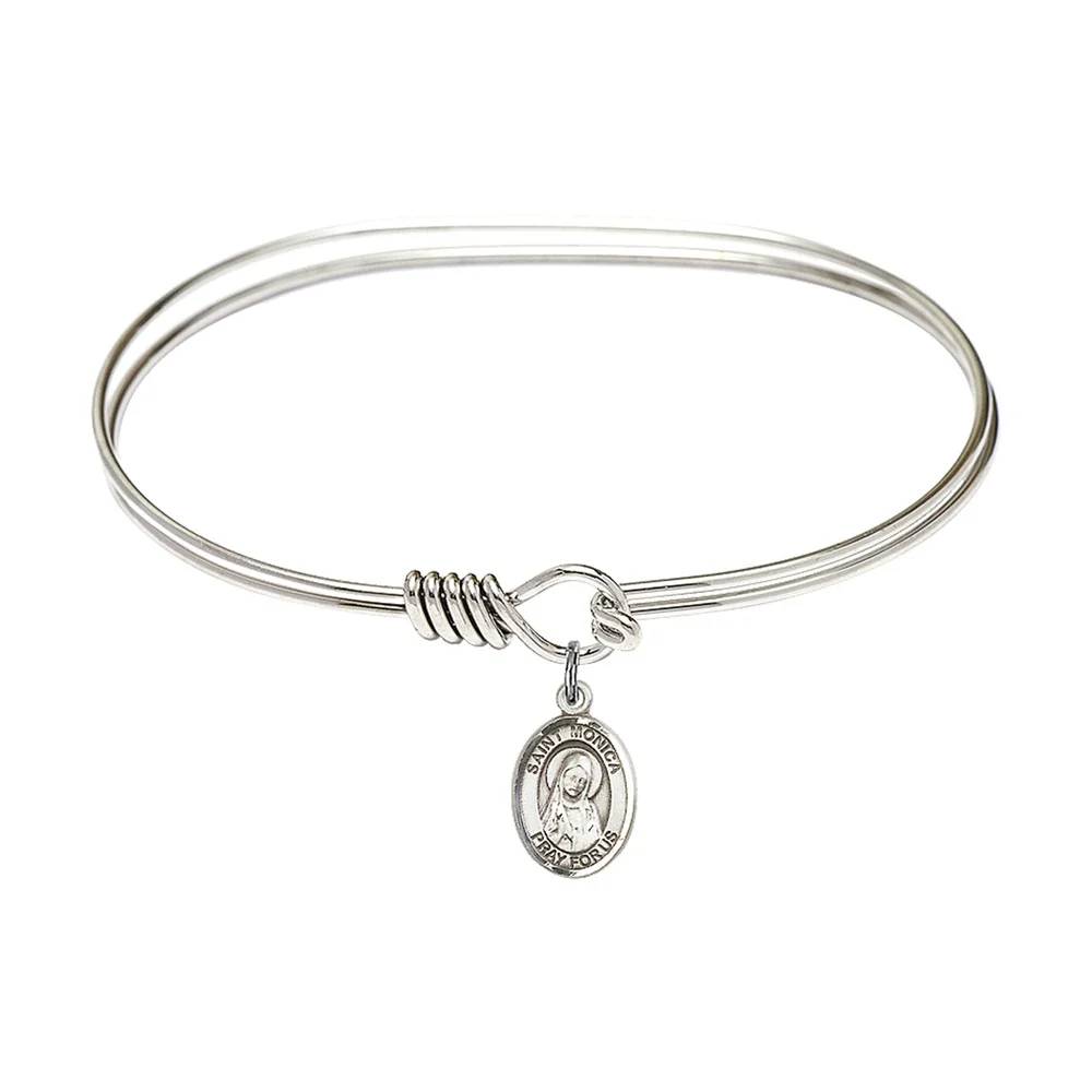 Adult 7" Oval Rhodium Plated Bangle Bracelet with St. Monica Medal Charm